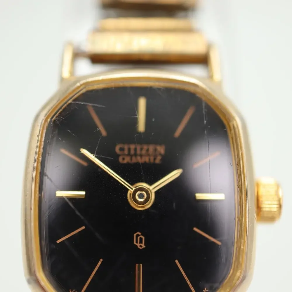 Vintage Citizen Black Gold Tone 17mm Petite Watch Metal Stretch Band New Battery